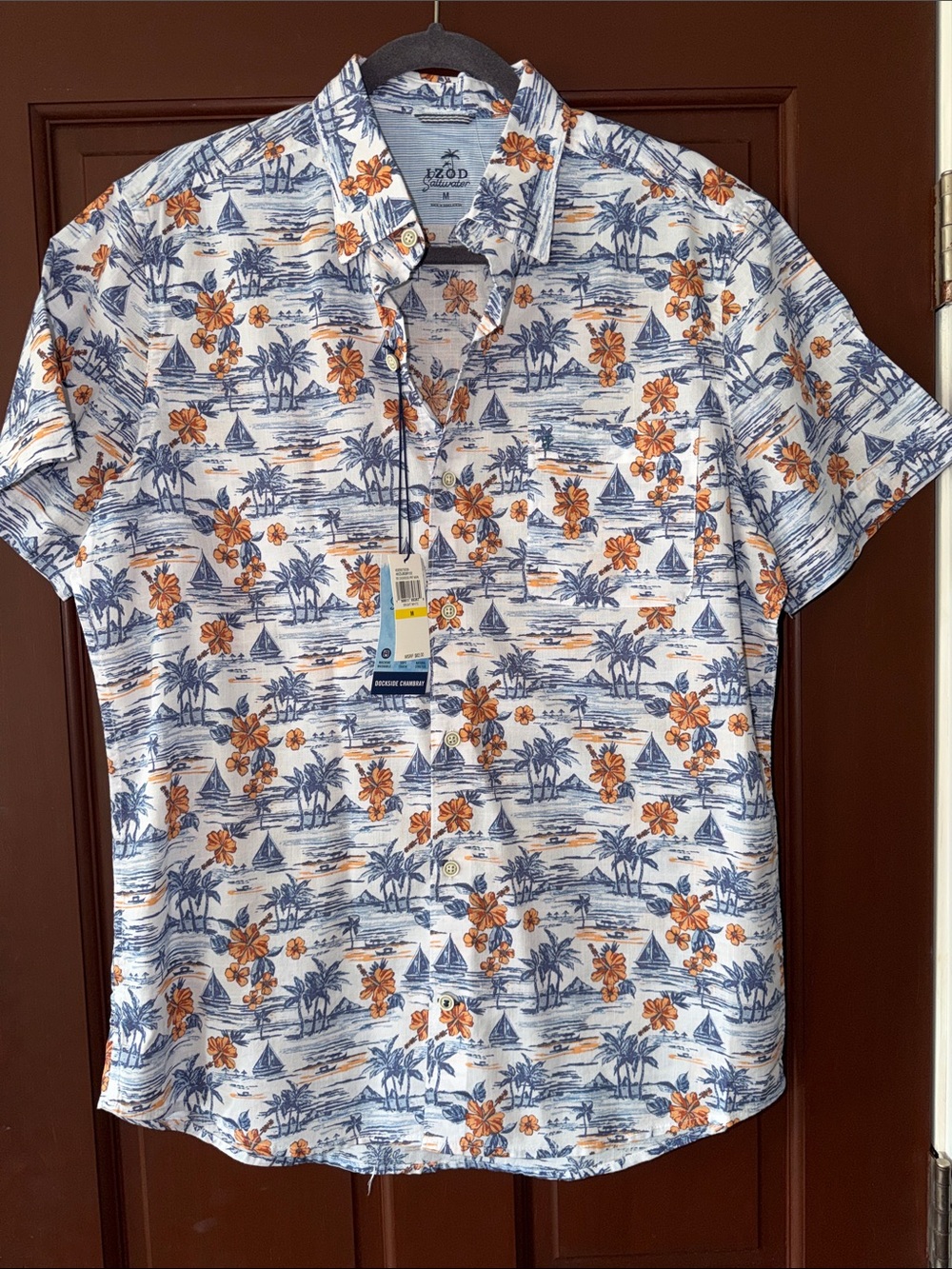 IZOD Saltwater Dockside Chambray Hawaiian Tropical Shirt Men's M NWT
